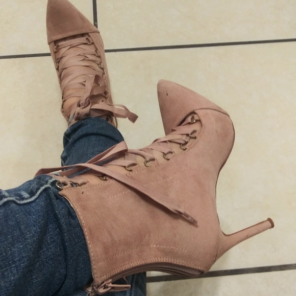 Ribbon Lace up Pointy Stiletto Booties High Heels Women - Picture 6 of 8